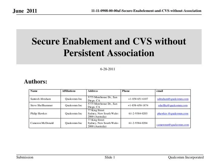 secure enablement and cvs without persistent association
