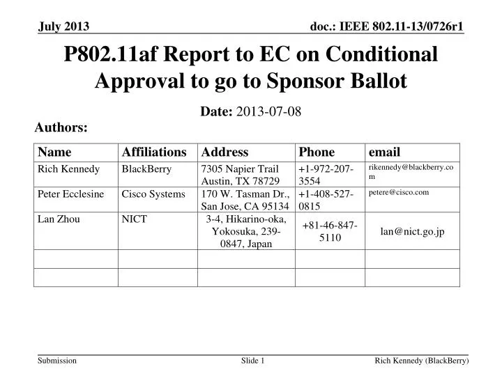 p802 11af report to ec on conditional approval to go to sponsor ballot