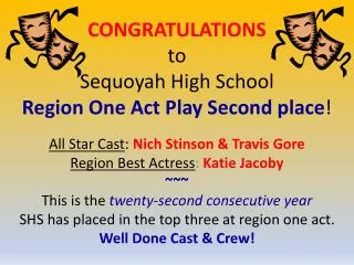 CONGRATULATIONS to Sequoyah High School Region One Act Play Second place !