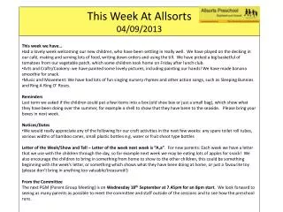This Week At Allsorts 04 /09/ 2013