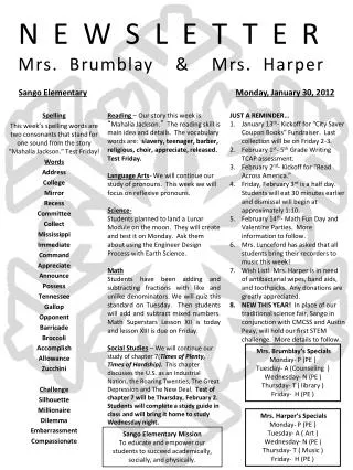 NEWSLETTER Mrs. Brumblay &amp; Mrs. Harper