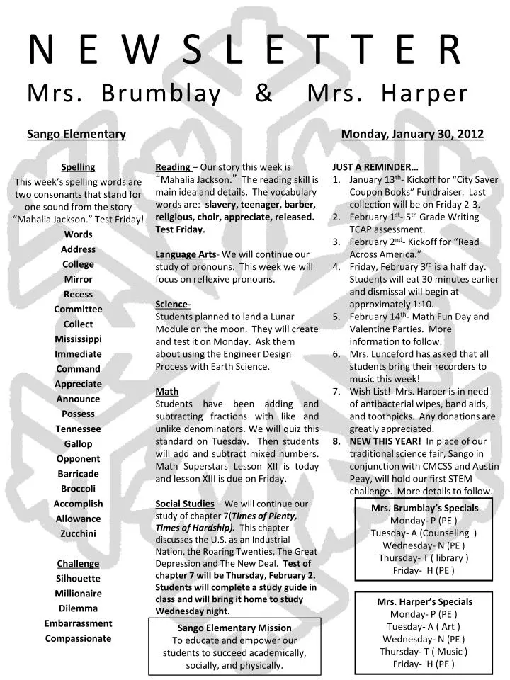 newsletter mrs brumblay mrs harper