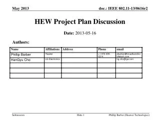 HEW Project Plan Discussion