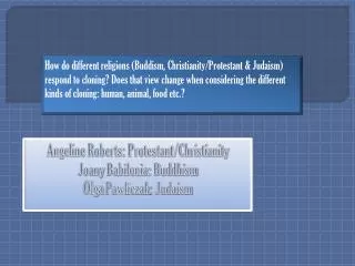 Angeline Roberts: Protestant/Christianity Joany Babilonia: Buddhism Olga Pawliczak : Judaism