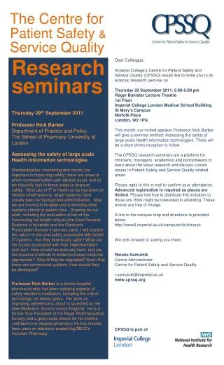 Research seminars Thursday 29 th September 2011 Professor Nick Barber