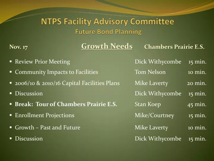ntps facility advisory committee future bond planning