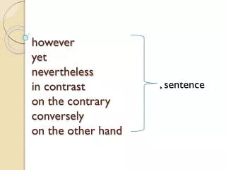 h owever yet nevertheless in contrast on the contrary conversely on the other hand