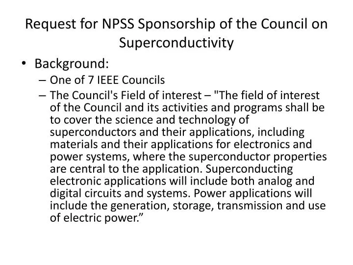 request for npss sponsorship of the council on superconductivity