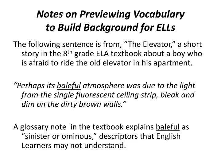 notes on previewing vocabulary to build background for ells