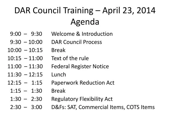 dar council training april 23 2014 agenda