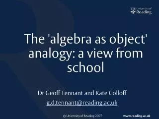 The 'algebra as object' analogy: a view from school
