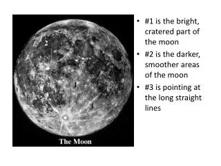 #1 is the bright, cratered part of the moon #2 is the darker, smoother areas of the moon