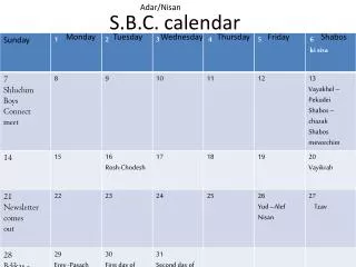 S.B.C. calendar