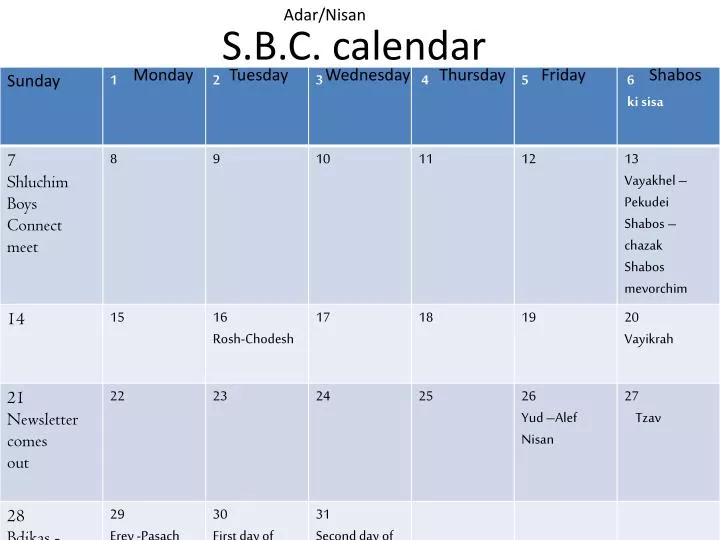 s b c calendar