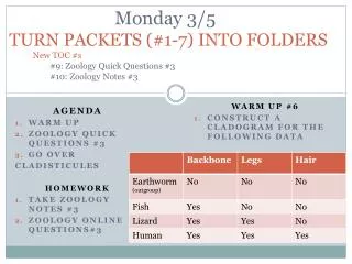 Agenda Warm Up Zoology Quick Questions #3 Go over Cladisticules Homework Take Zoology Notes #3