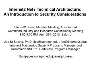 Internet2 Net+ Technical Architecture: An Introduction to Security Considerations