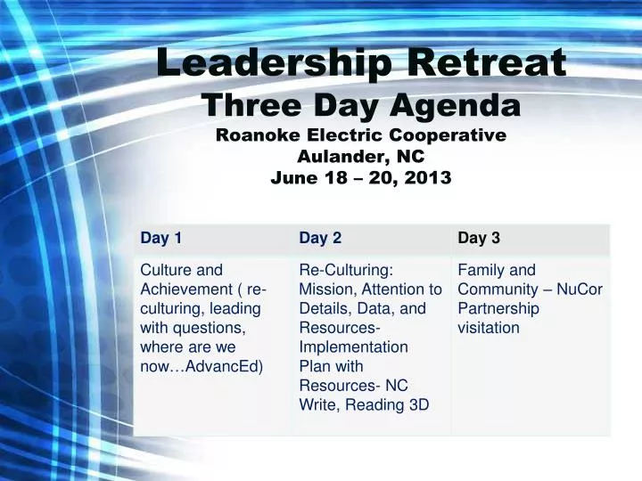 leadership retreat three day agenda roanoke electric cooperative aulander nc june 18 20 2013
