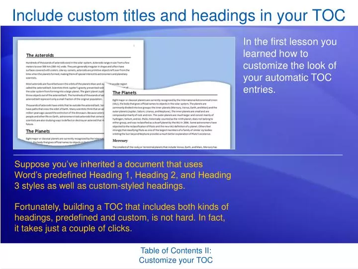include custom titles and headings in your toc
