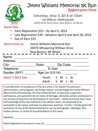 Jimmy Williams Memorial 5K Run Registration Form
