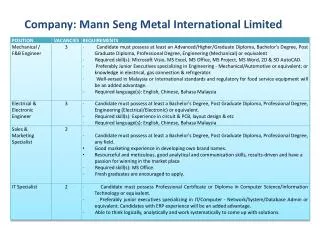 Company: Mann Seng Metal International Limited