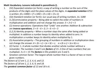 Math Vocabulary. Lessons indicated in parenthesis ().