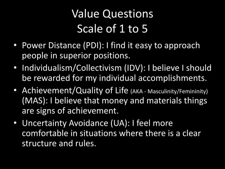 value questions scale of 1 to 5