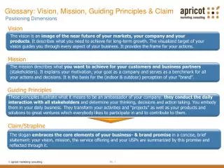 Glossary : Vision, Mission, Guiding Principles &amp; Claim