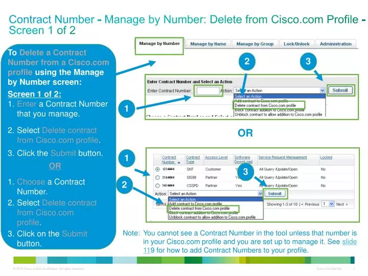 contract number manage by number delete from cisco com profile screen 1 of 2