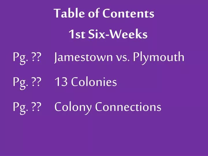 table of contents 1st six weeks