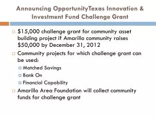 Announcing OpportunityTexas Innovation &amp; Investment Fund Challenge Grant