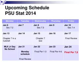 Upcoming Schedule PSU Stat 2014
