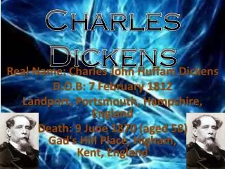 Real Name: Charles John Huffam Dickens D.O.B: 7 February 1812