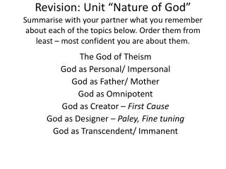 The God of Theism God as Personal/ Impersonal God as Father/ Mother God as Omnipotent