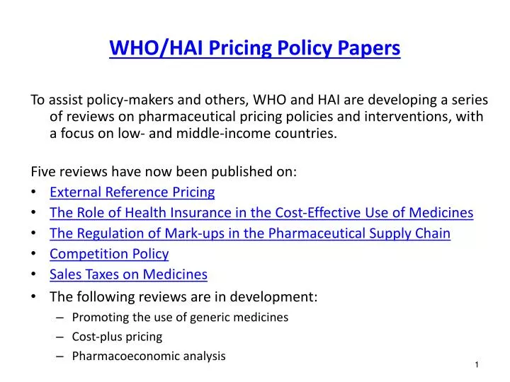 who hai pricing policy papers