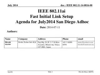 IEEE 802.11ai Fast Initial Link Setup Agenda for July2014 San Diego Adhoc