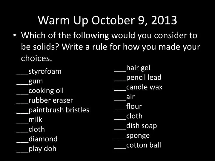 warm up october 9 2013