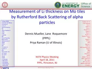 measurement of li thickness on mo tiles by rutherford back scattering of alpha particles