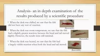 Analysis- an in depth examination of the results produced by a scientific procedure