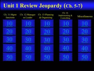 Unit 1 Review Jeopardy ( Ch. 5-7 )