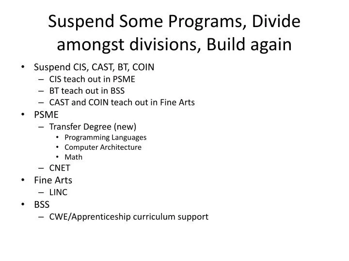 suspend some programs divide amongst divisions build again