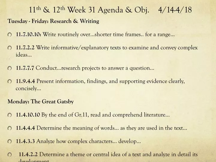 11 th 12 th week 31 agenda obj 4 14 4 18
