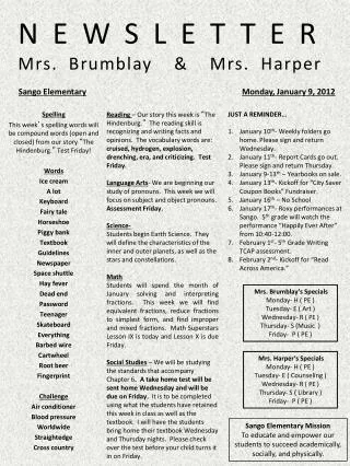 NEWSLETTER Mrs. Brumblay &amp; Mrs. Harper