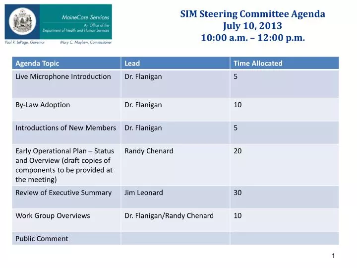 sim steering committee agenda july 10 2013 10 00 a m 12 00 p m