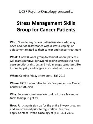 UCSF Psycho-Oncology presents: Stress Management Skills Group for Cancer Patients