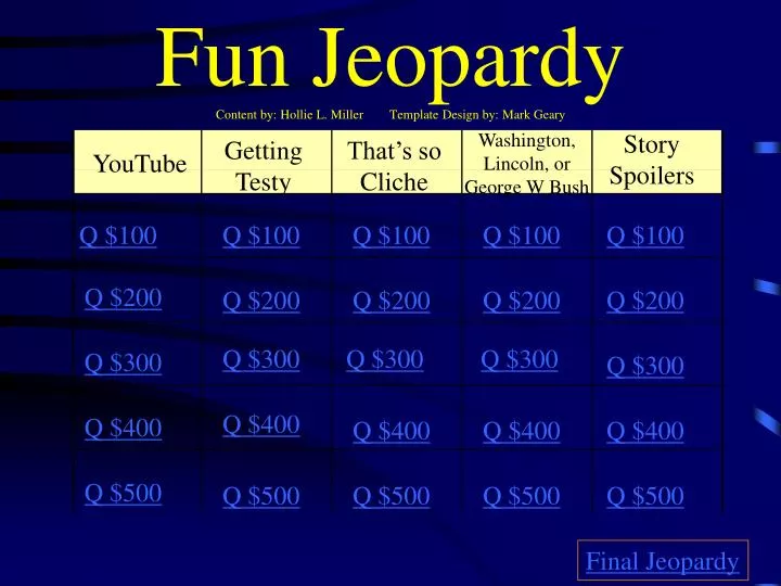 fun jeopardy content by hollie l miller template design by mark geary