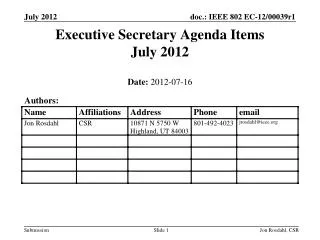 Executive Secretary Agenda Items July 2012