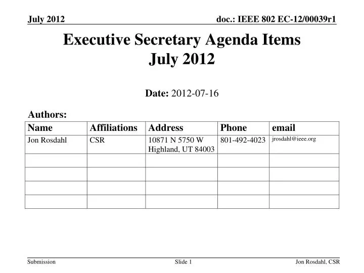executive secretary agenda items july 2012