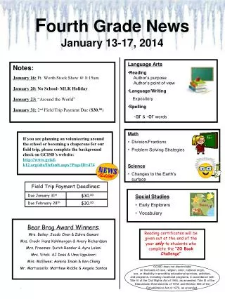 F ourth Grade News January 13-17, 2014