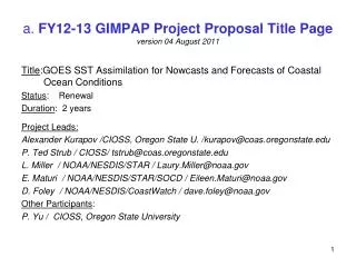a. FY12-13 GIMPAP Project Proposal Title Page version 04 August 2011