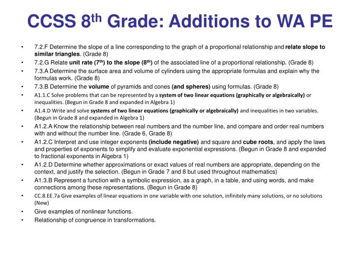 ccss 8 th grade additions to wa pe